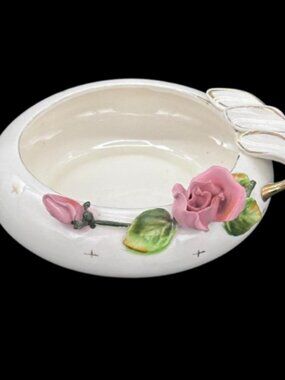 Vintage Lefton Pink Rose 352 White Gold Ladies Ashtray Trinket Dish